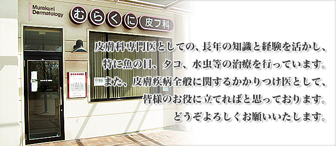 皮膚科専門医としての、長年の知識と経験を活かし、魚の目、タコ、水虫等の皮膚疾病全般に関するかかりつけ医として、皆様のお役に立てればと思っております。どうぞよろしくお願いいたします。